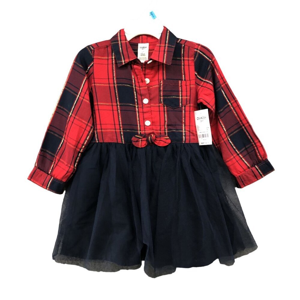 NWT Oshkosh B'gosh Girls 2T Long Sleeve Dress Tutu Red Plaid Holiday Shirt Dress